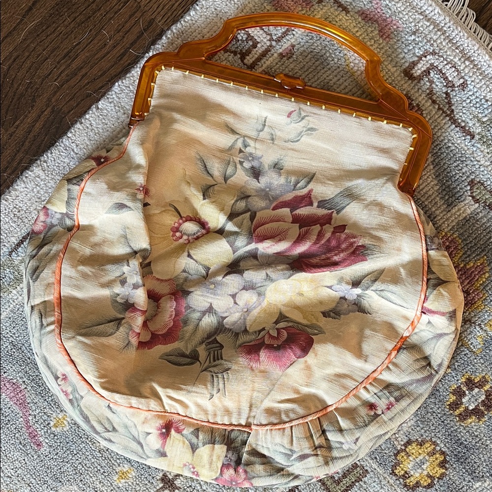 Vintage Jackmore Floral Satchel with Amber Handle barkcloth